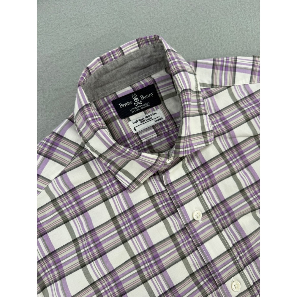 Psycho Bunny Mens Small Purple Plaid Pima Cotton Short Sleeve Button Down Shirt